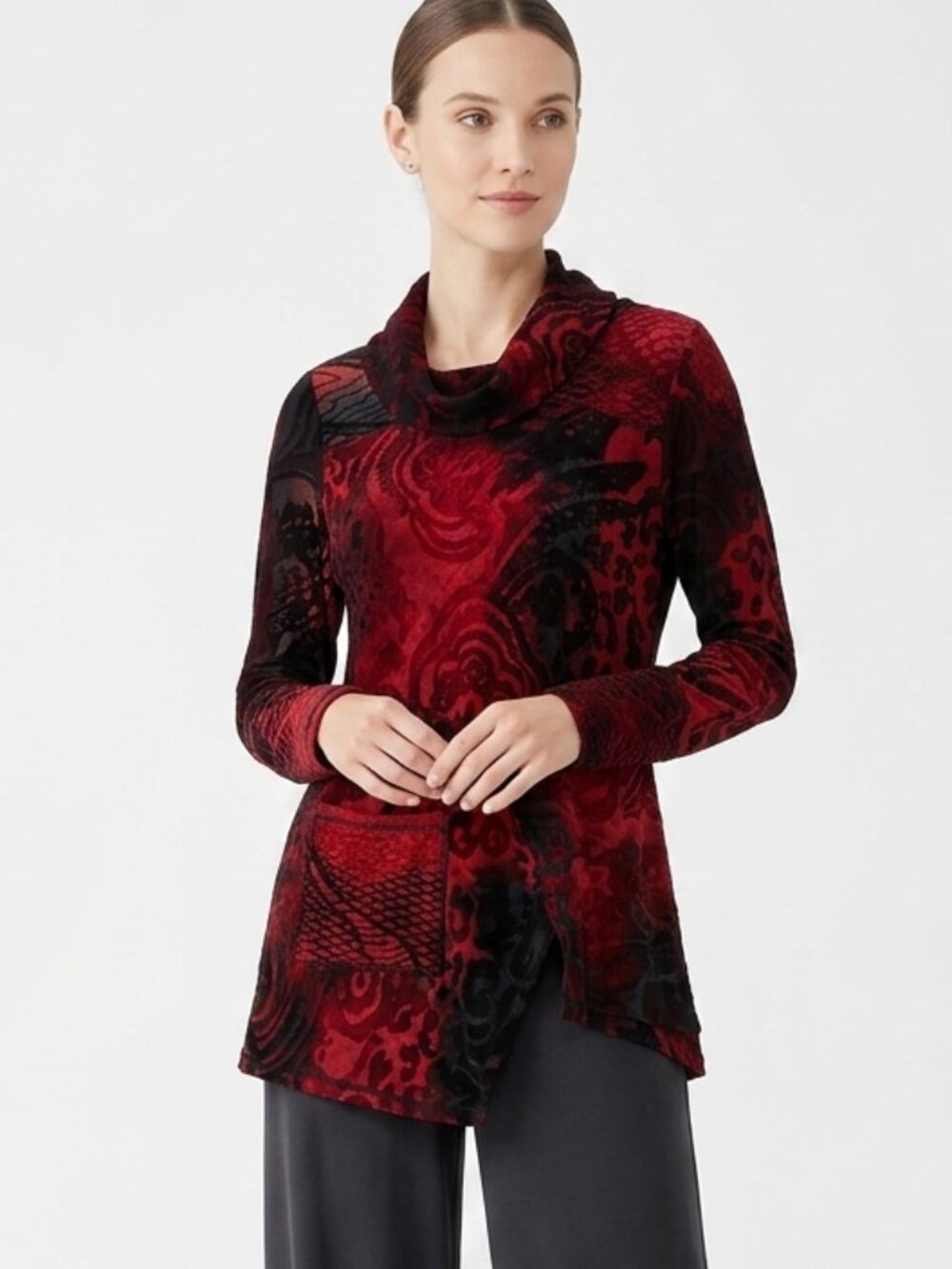 Fleur de Lis Blouse Red Black Cowl Neck Artsy Grunge Goth Floral M